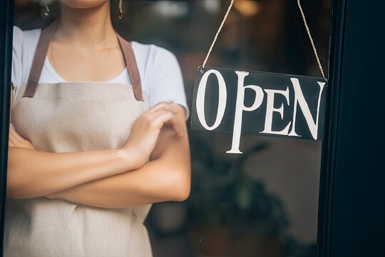 Woman with Crossed Arms Behind Open Sign in Cozy Shop Window - Powered by Adobe