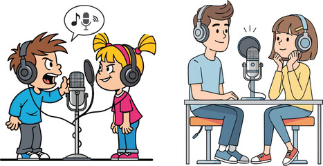 Cartoon kids and adults recording podcast and singing into microphone, creative communication, studio recording, voice acting, and music production illustration