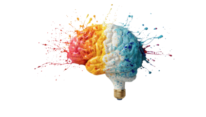 A colorful brain, shaped like a lightbulb, erupts with vibrant splashes of paint