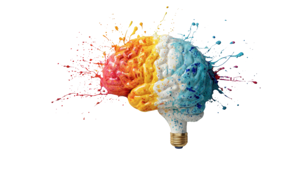 A colorful brain, shaped like a lightbulb, erupts with vibrant splashes of paint