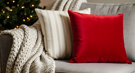  Cozy Festive Living Room with Christmas Tree, Plush Pillows, and Knit Blanket