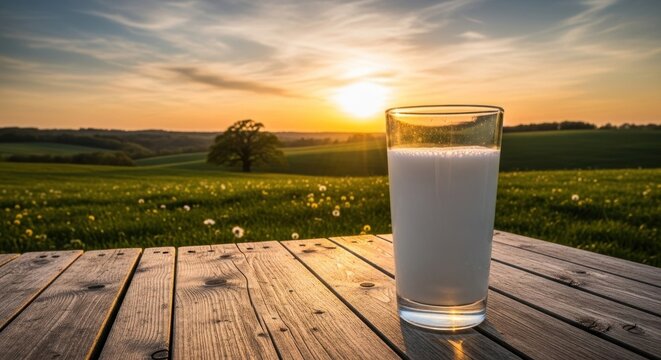 A glass of milk on a wooden table with a scenic countryside background at sunset. - Powered by Adobe
