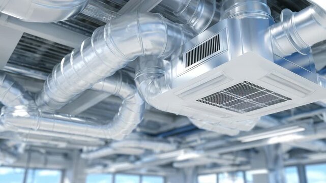 260Close-up 3D vector illustration of an air duct network, BIM model rendering showing pipes, elbows, and grilles in architectural planning perspective