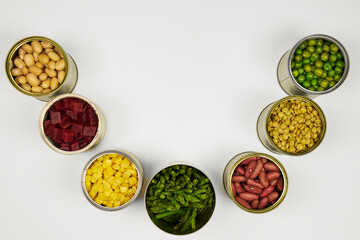 Open cans of beans, mushrooms, carrots, corn, peas, green beans, lentils, asparagus, and olives on a white background with copy space.