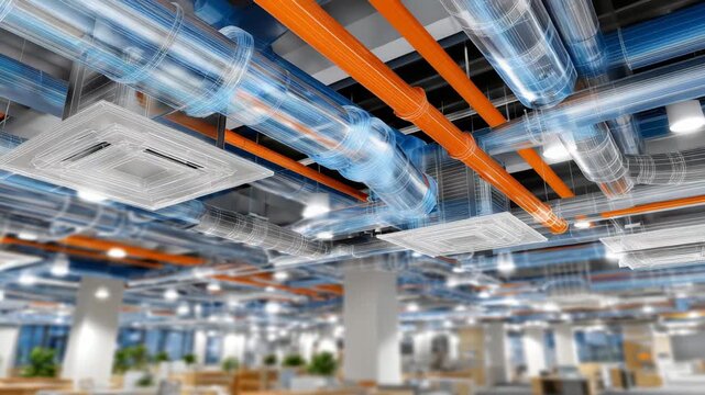 266Architectural 3D BIM blueprint of ventilation system, ducts and fittings highlighted in vector style, emphasizing airflow and spatial planning