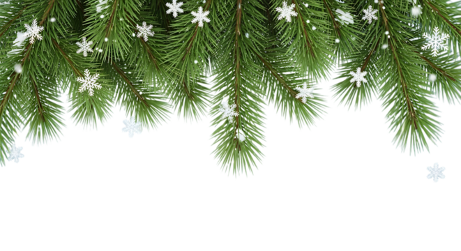 Festive christmas pine branches with delicate snowflakes against a creating a winter holiday border for seasonal designs and greetings