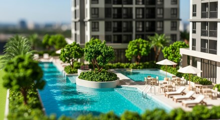 Stunning modern apartment complex model showcasing a luxurious swimming pool and relaxation area, perfect for architectural visualization and real estate marketing.