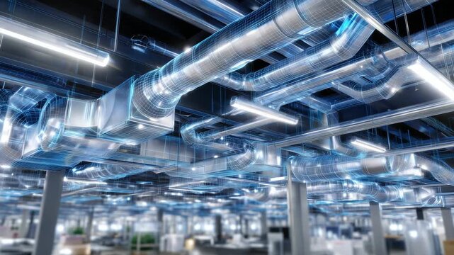 267Architectural 3D BIM blueprint of ventilation system, ducts and fittings highlighted in vector style, emphasizing airflow and spatial planning