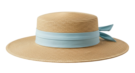 Isolated sun hat with blue ribbon around crown, straw summer apparel and head covering
