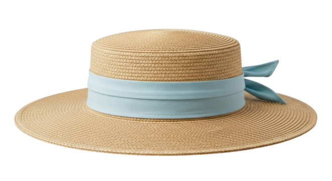 Isolated sun hat with blue ribbon around crown, straw summer apparel and head covering