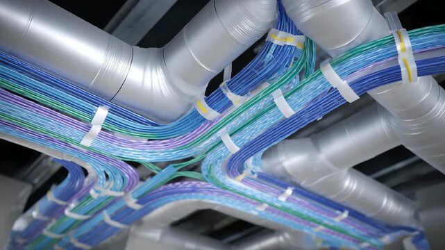 269Detailed BIM 3D model illustration of ventilation ducts, vector-style rendering highlighting connections, bends, and airflow network for architectural and engineering planning