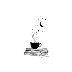 Coffee cup on books with moon and stars