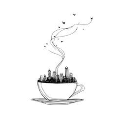 Coffee cup with city skyline and birds