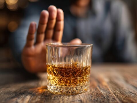 Person rejecting alcoholic drink in a glass