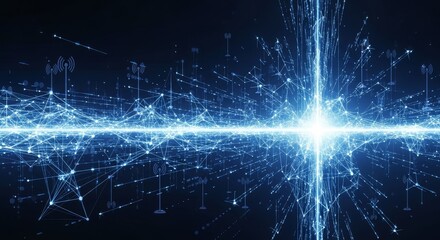 Connected Network Abstract Illustration - Futuristic network connection with glowing lines and wireless communication towers, representing technology and connectivity