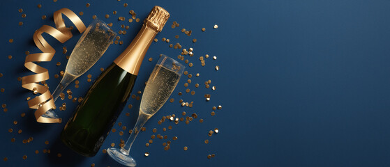 Sparkling Champagne Bottles and Flutes with Party Decorations