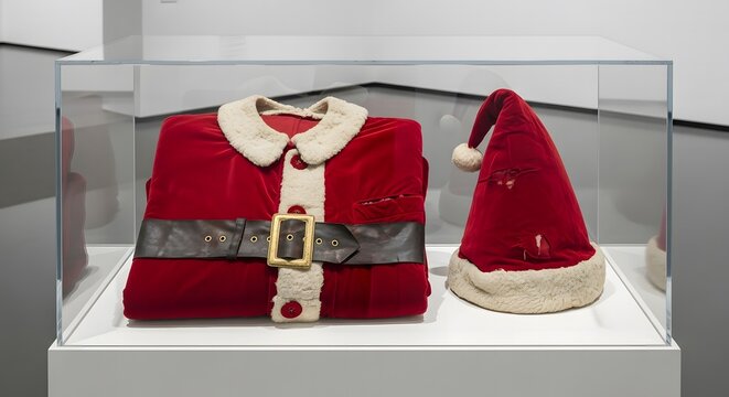 A close-up of Santa's worn, red velvet suit and hat, displayed neatly within a pristine glass museum case - Powered by Adobe