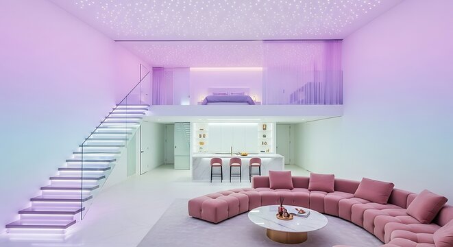 Modern pink and purple loft interior with curved sofa