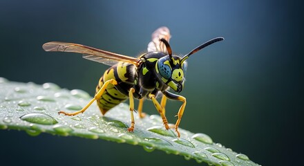 Close up macro shot of a wasp on a dewy leaf
