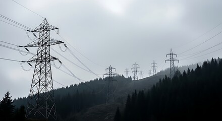 Power lines cross a forested mountain landscape