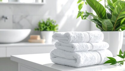 Clean white towels are stacked neatly on a bathroom counter next to plants.
