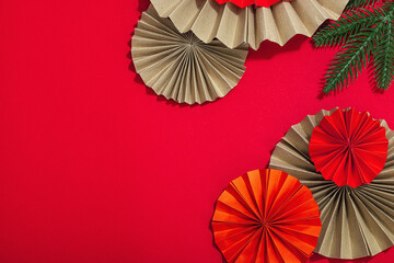 Happy Chinese New Year traditional concept. Oriental asian style paper fans on red background