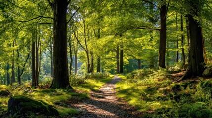 Fototapeta premium Forest path through lush green trees