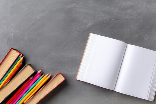 An open notebook lies on a gray surface next to a stack of colorful pencils. Ideal for education, creativity, and artistic themes.
