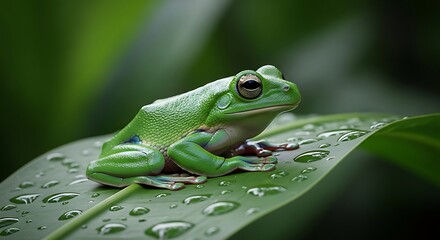 Fototapeta premium Green tree frog sitting on wet leaf