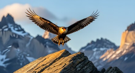 Obraz premium A magnificent bald eagle soars powerfully through clear blue sky with wings fully extended, silhouetted against dramatic snow-capped mountain peaks and golden rock formations, capturing the majestic b