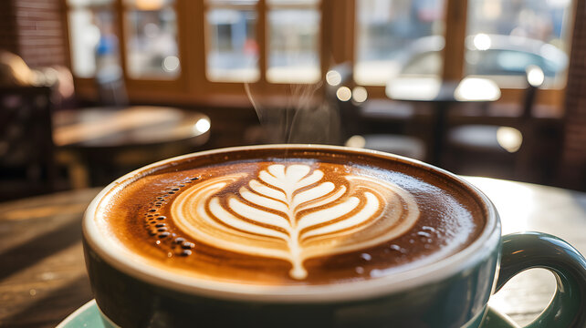 Artisan latte art in a cozy sunlit coffee shop