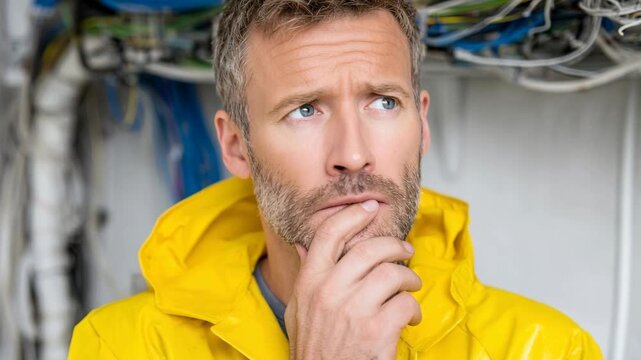 A pensive man in a bright yellow raincoat looking up with a confused expression, with a background of tangled electrical wires, suggesting a complex problem or decision.