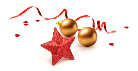 Dekoracja świąteczna - dwie złote bombki choinkowe i czerwona gwiazda z czerwoną, spiralną tasiemką i serduszkami © Blue Pixel