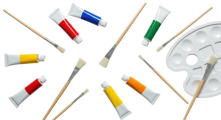 Isolated Artist Paint Palette with Colorful Tubes and Brushes Ready for Creative Masterpieces