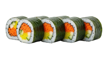 Isolated sushi roll maki, vegan rice nori seaweed rolls, colorful vegetarian fresh food