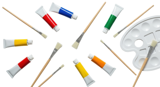 Isolated Artist Paint Palette with Colorful Tubes and Brushes Ready for Creative Masterpieces