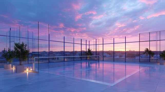 Stunning rooftop pool area at sunset with colorful sky and modern architecture