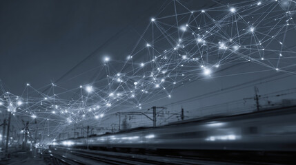 A train speeding through the night with a futuristic digital overlay