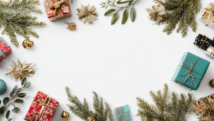 christmas-themed background with fir branches, gifts, and decorations on a white tabletop. christmas concept for banner or poster design.
