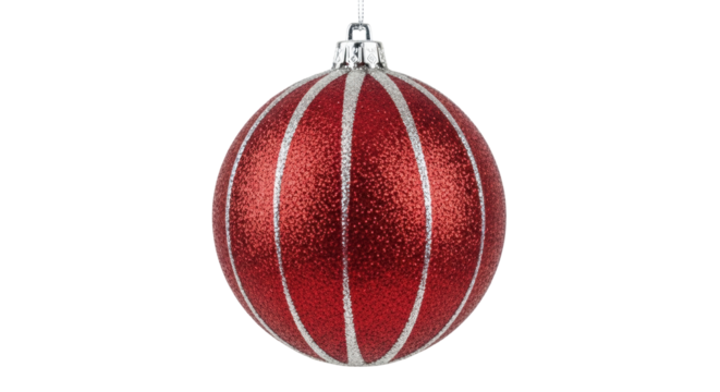 Isolated red Christmas ornament with glittering bands, a shiny hanging holiday decoration