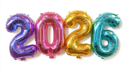 colorful new year 2026 number-shaped balloons on a white background, a new year concept