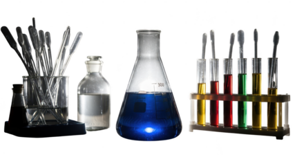 Laboratory chemistry equipment with colorful liquids and scientific instruments for research illustration