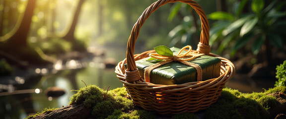 Gift basket with green presents in serene forest setting  