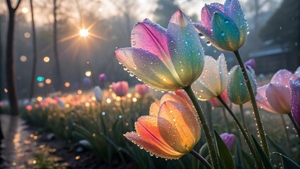 Fantasy tulip garden with petals glowing rainbow
