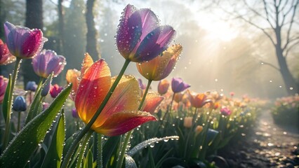 Tulip garden with petals glowing rainbow image