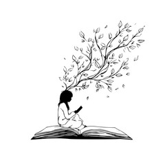 Girl reading a book with tree branches growing from her head