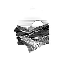 Abstract landscape with mountains and sun