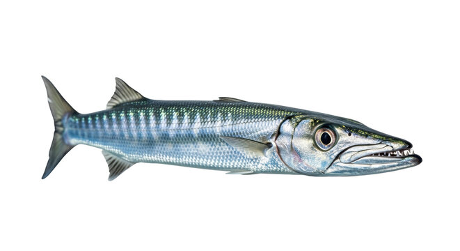 Isolated Great Barracuda, a predatorial ray-finned fish species with a pointed head and sharp teeth - Powered by Adobe