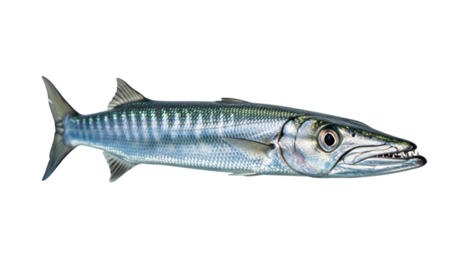 Isolated Great Barracuda, a predatorial ray-finned fish species with a pointed head and sharp teeth