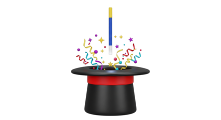 Magic hat with wand and confetti for party celebration art on transparent background
